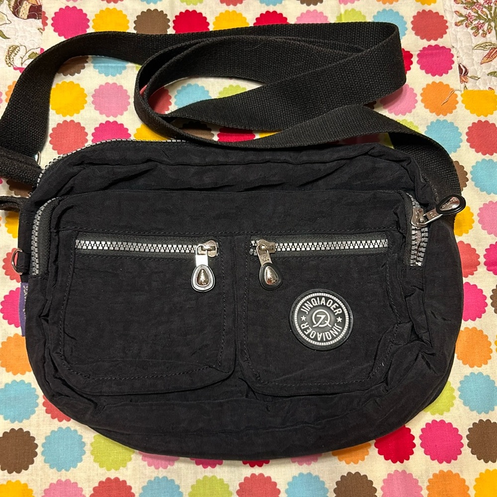 Medium black nylon multi-compartment Crossbody purse